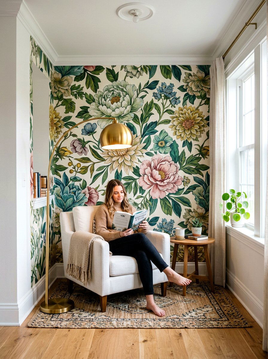 Floral wallpaper reading nook - 25 Spring Reading Nook Decor Ideas