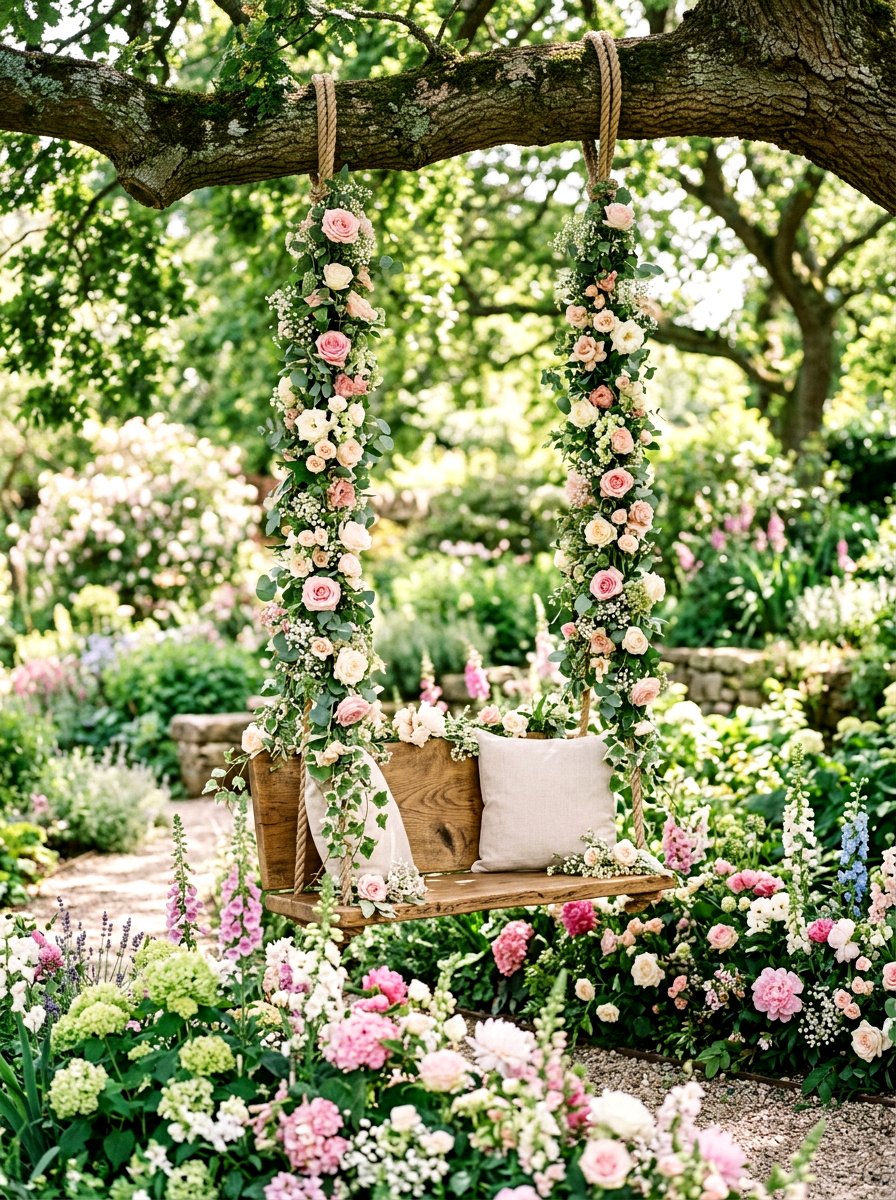 Floral wedding swing - 25 Spring Garden Wedding Ideas