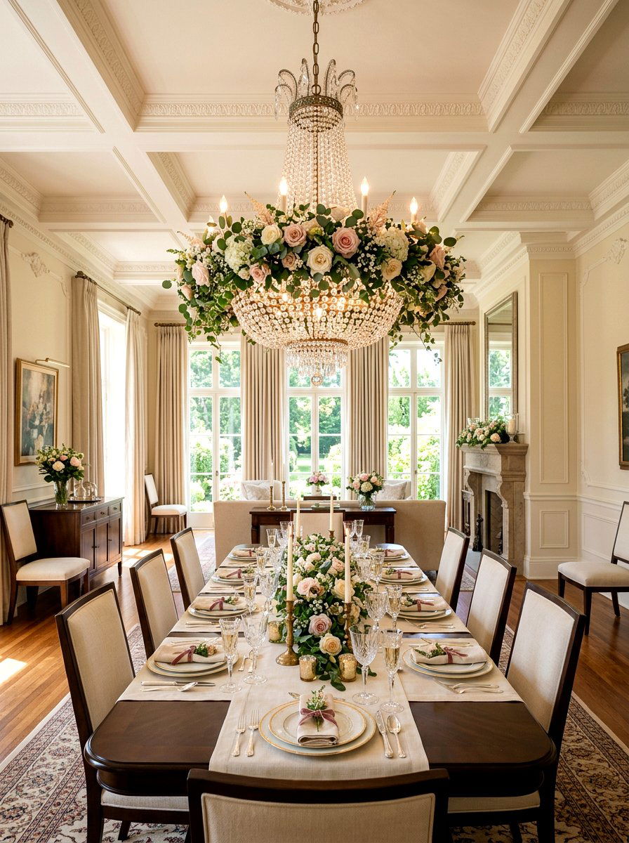 Floral wreath around chandelier - 25 Spring Floral Decor Ideas