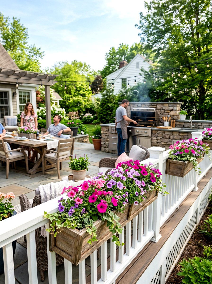 Flower box on railing - 25 Spring Outdoor Kitchen Decor Ideas
