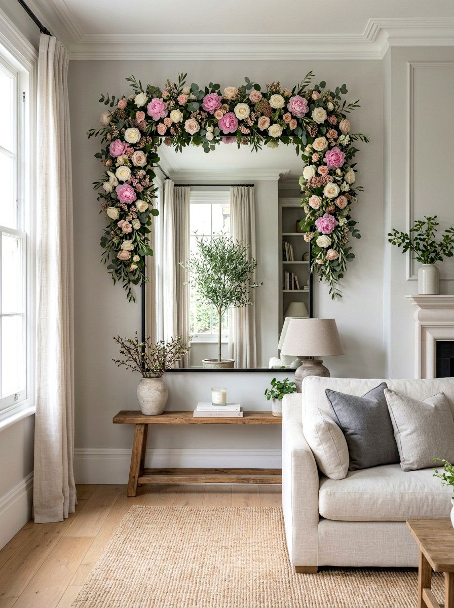 Flower garland mirror - 25 Spring Mirror Decor Ideas