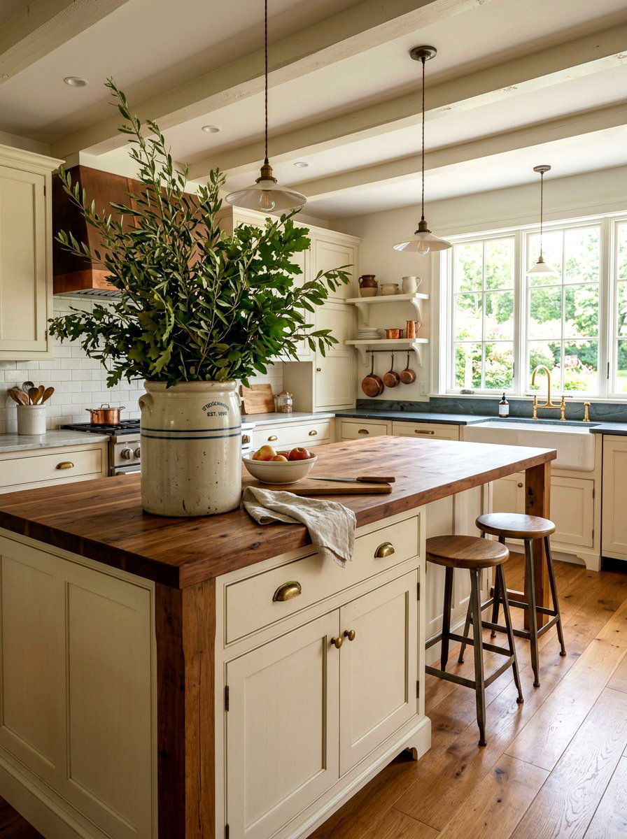 Foraged Greenery In Large Crock - 25 Spring Kitchen Centerpiece Ideas