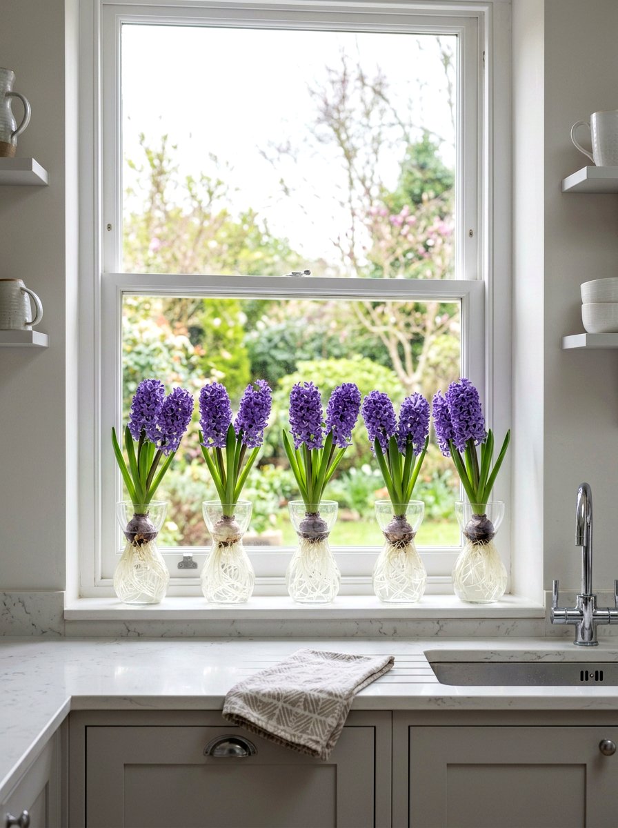 Forced hyacinth bulbs - 25 Spring Kitchen Window Decor Ideas