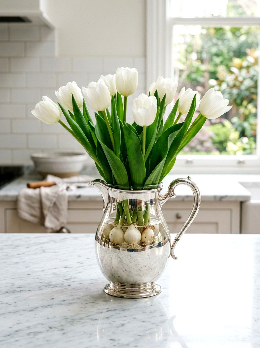 Forcing Bulbs In Silver Pitchers - 25 Spring Bulb Forcing Ideas