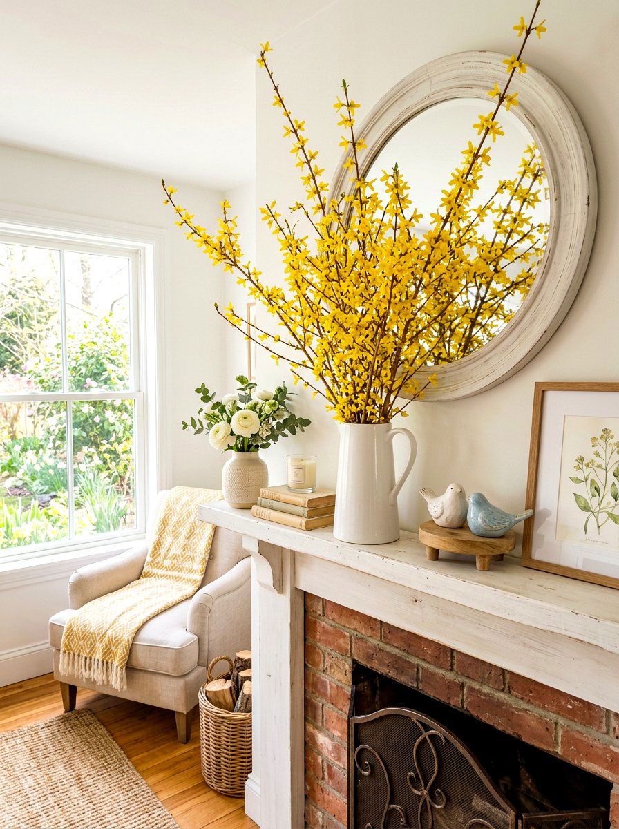 Forsythia Branch Decor - 25 Spring Cottage Mantel Ideas