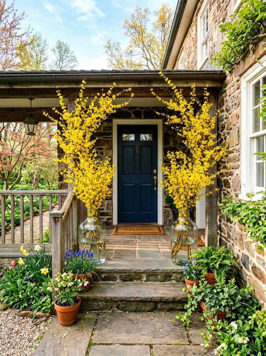 Forsythia Branch Entrance - 25 Spring Porch Step Decor Ideas