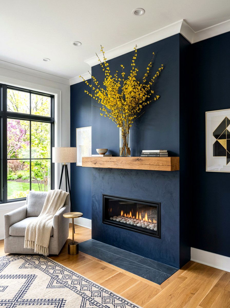 Forsythia Branch Fireplace Focal Point - 25 Spring Mantel Floral Ideas