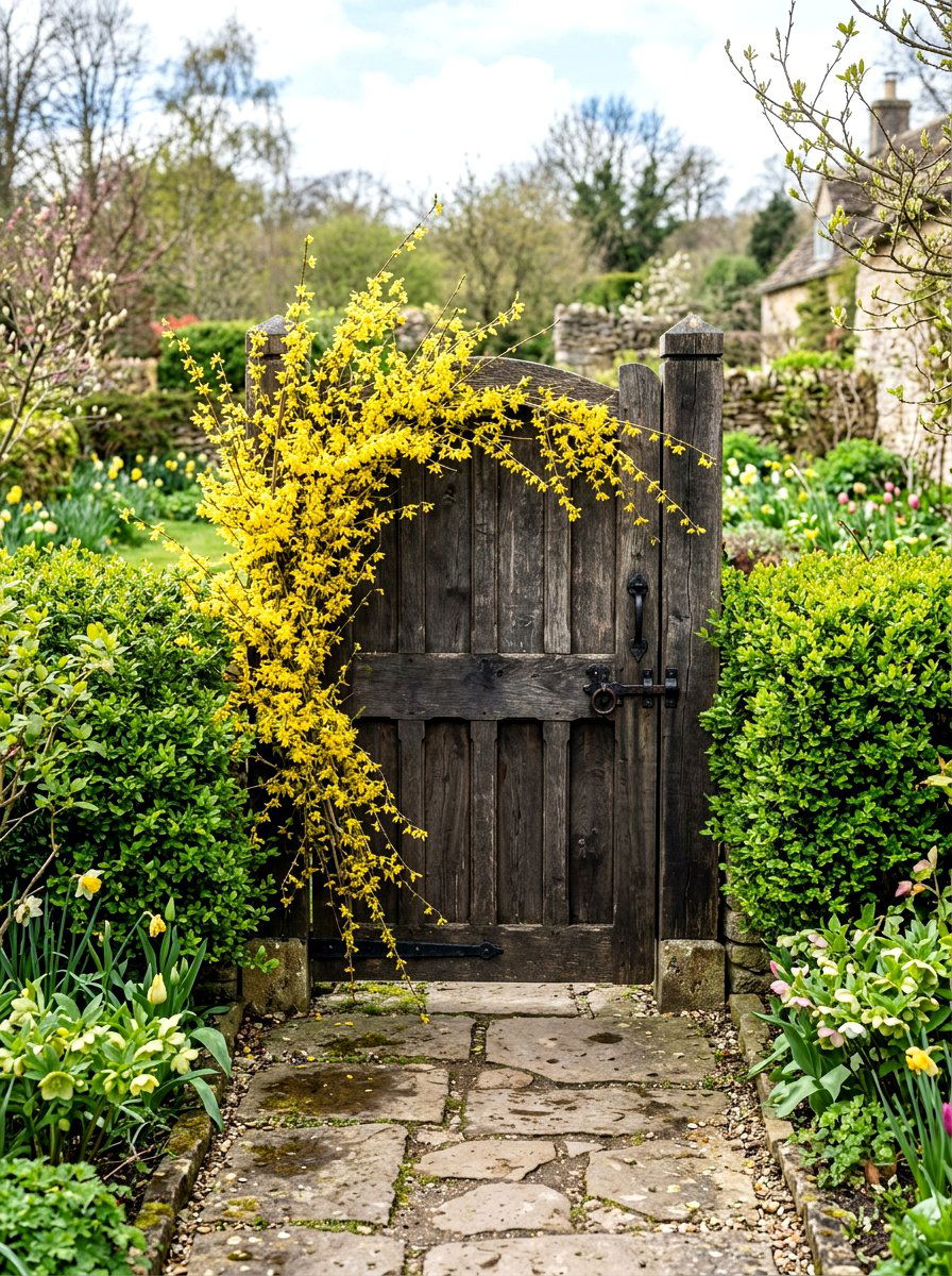 Forsythia Branch Gate Decor - 25 Spring Wooden Gate Decor Ideas