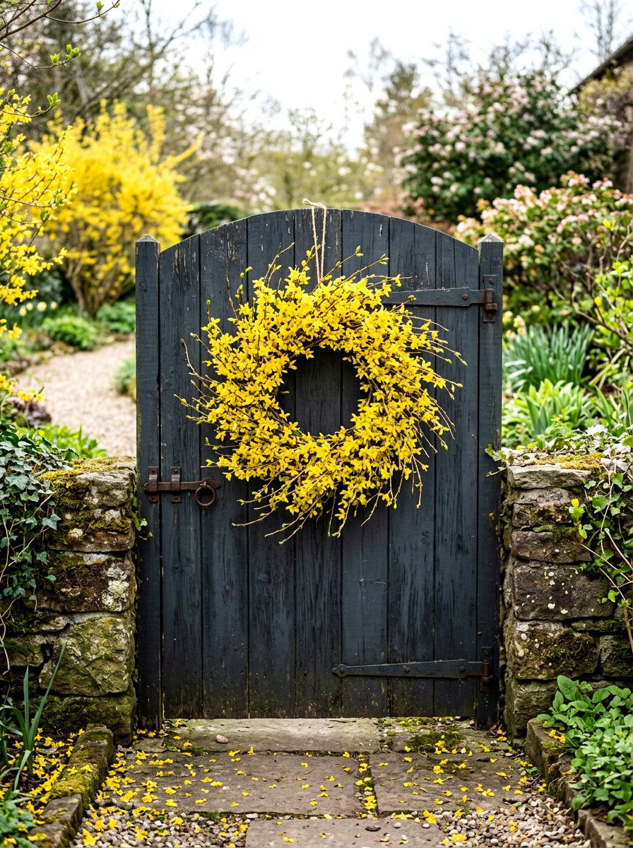 Forsythia Branch Gate Wreath - 25 Spring Front Gate Decor Ideas