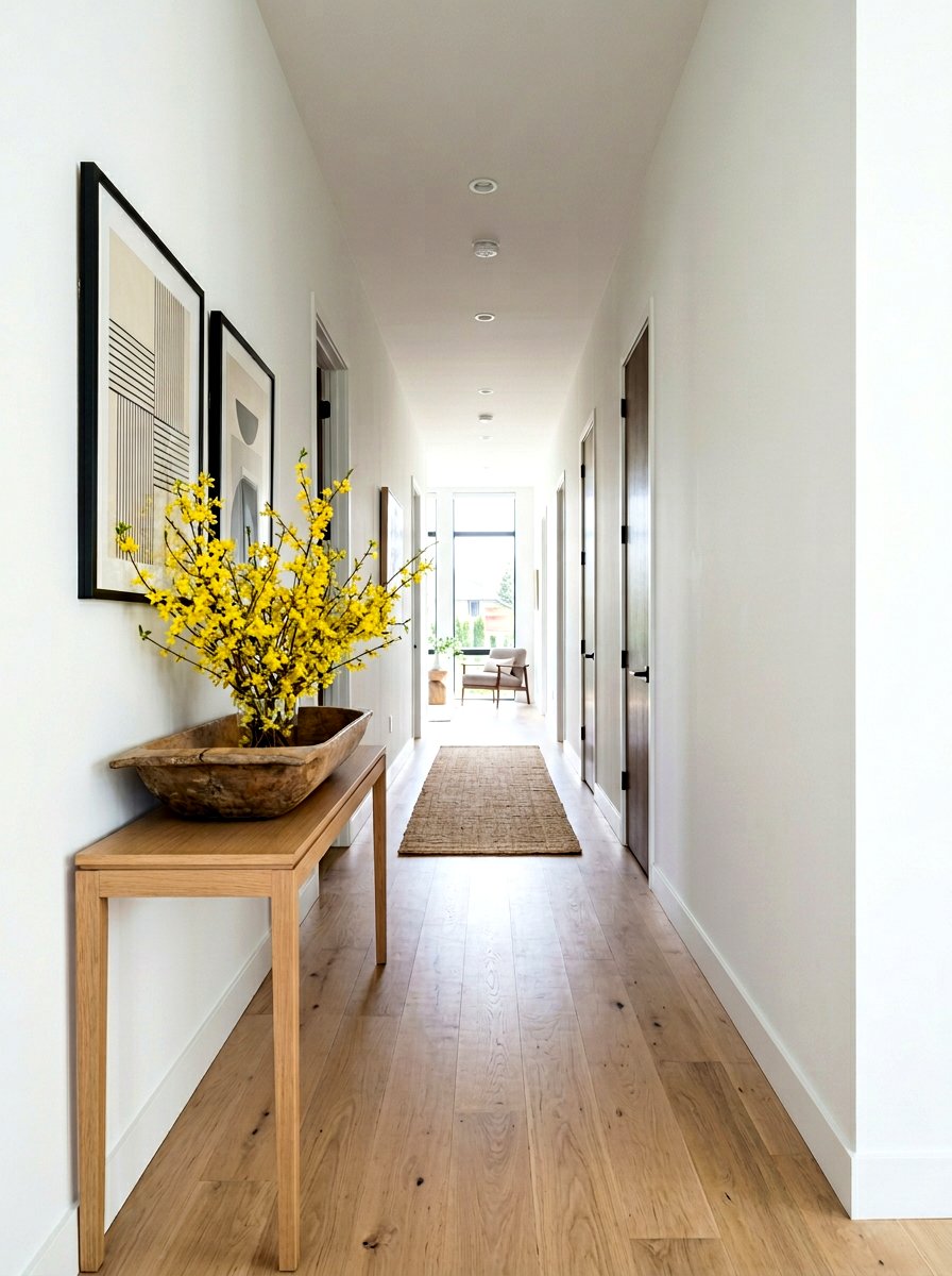 Forsythia Branch Hallway Styling - 25 Spring Dough Bowl Decor Ideas