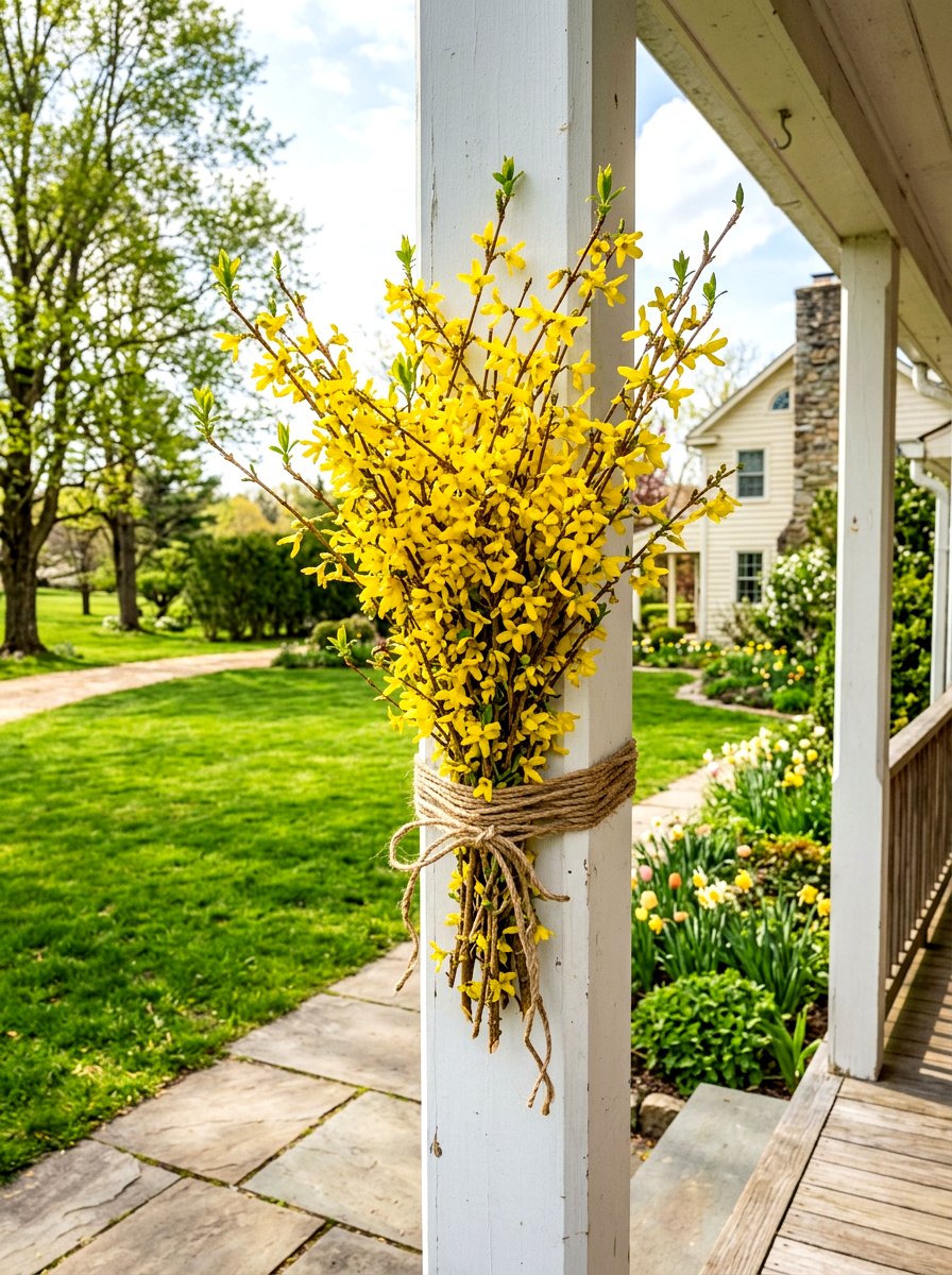 Forsythia Branch Porch Post - 25 Spring Porch Post Decor Ideas