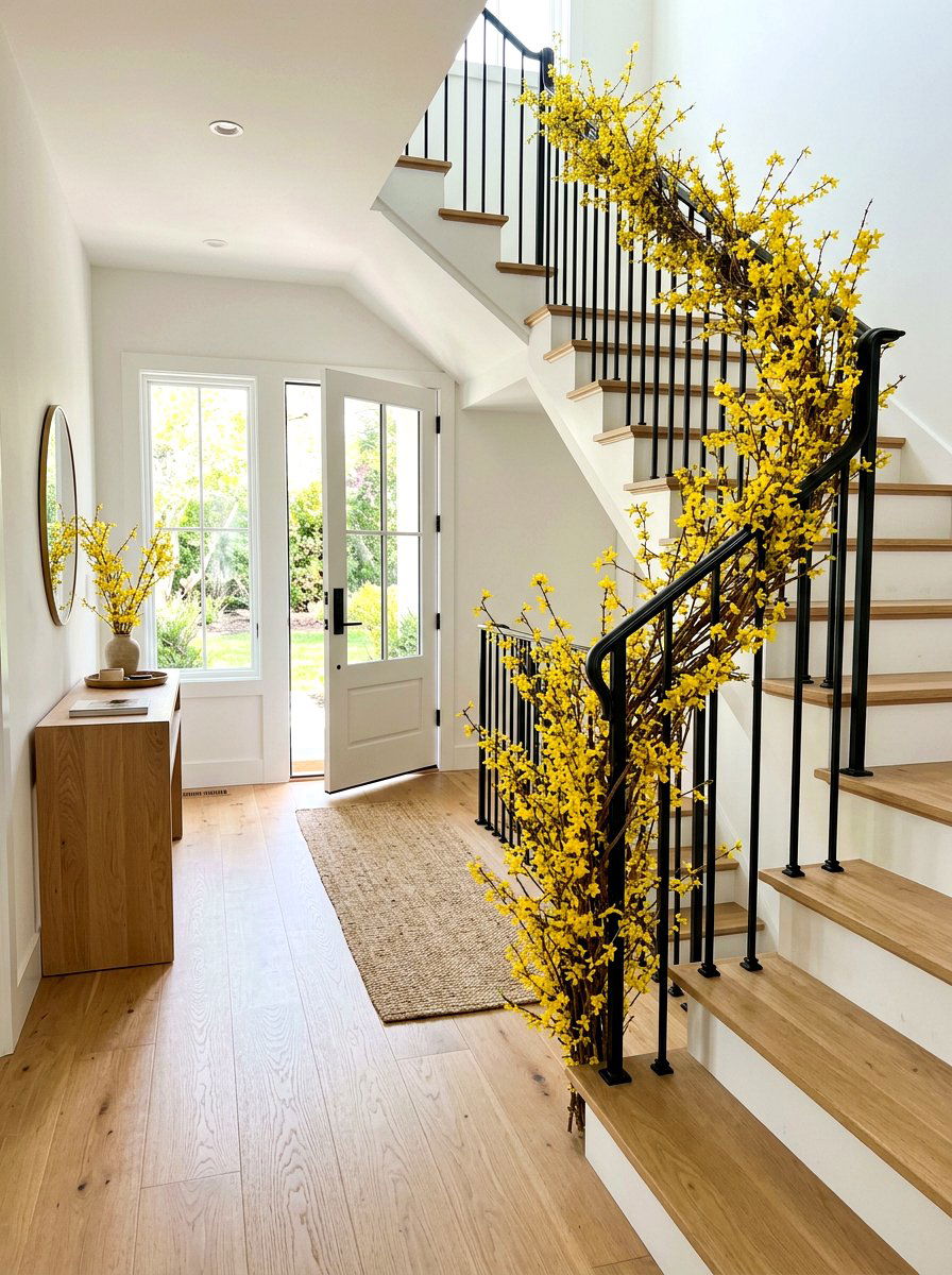 Forsythia Branch Wrap - 25 Spring Stair Railing Decor Ideas