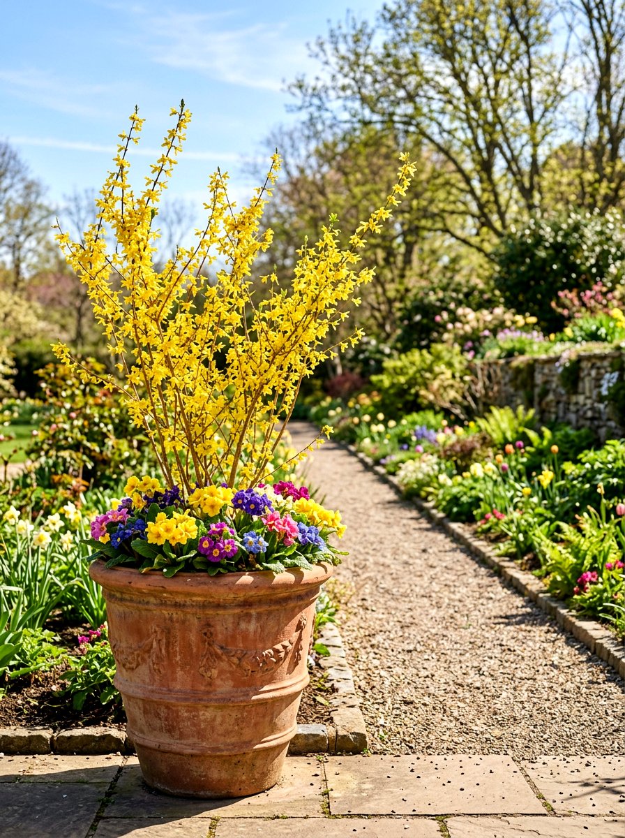 Forsythia Branches And Primrose - 25 Spring Urn Planter Ideas
