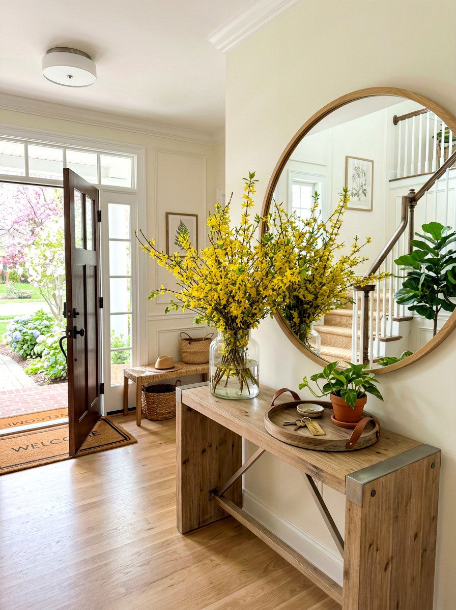 Forsythia Branches In Entryway Console Table - 25 Spring Forsythia Arrangement Ideas