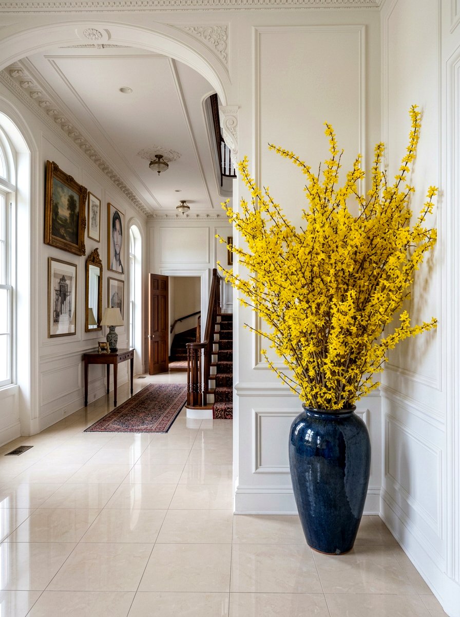 Forsythia Branches In Large Floor Vase - 25 Spring Forsythia Arrangement Ideas