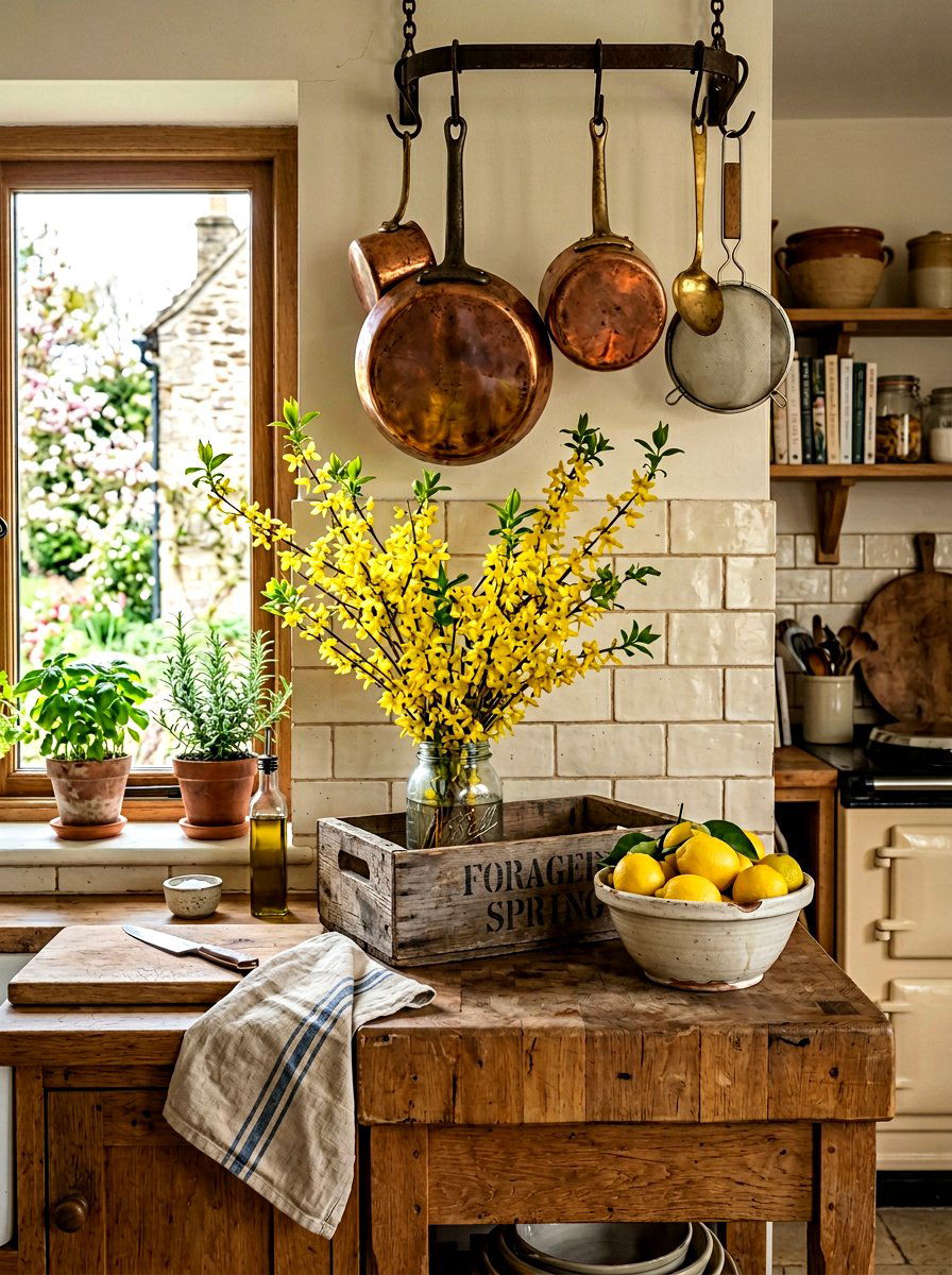 Forsythia Branches In Rustic Wooden Crate - 25 Spring Forsythia Arrangement Ideas
