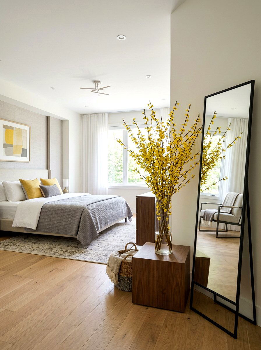 Forsythia Branches In Tall Cylinder - 25 Spring Bedroom Vase Ideas