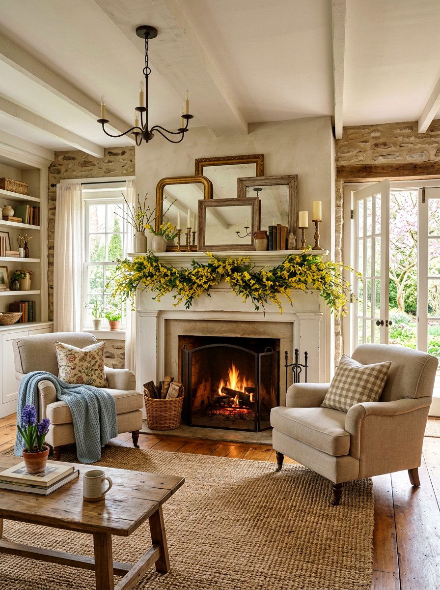 Forsythia Garland Over Fireplace Mantel - 25 Spring Forsythia Arrangement Ideas