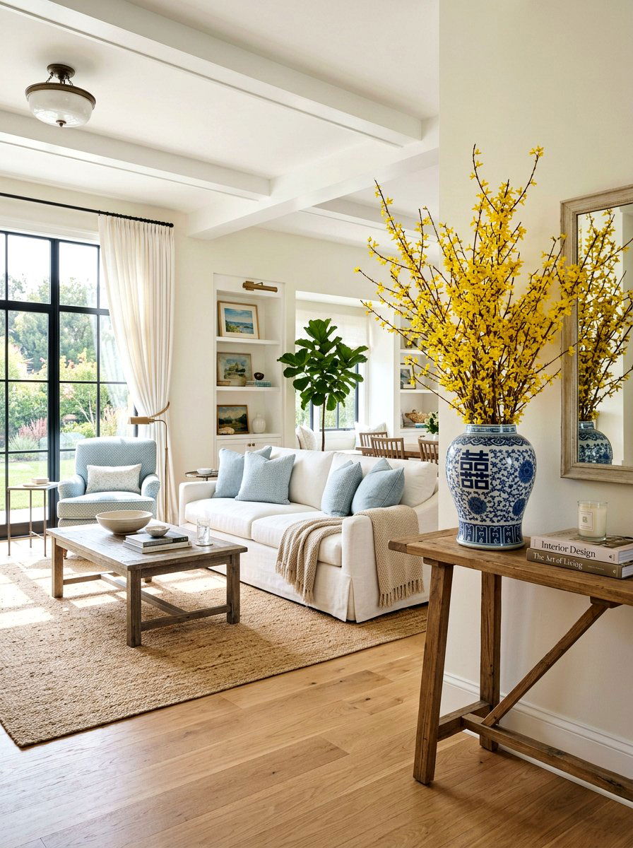 Forsythia In Blue And White Ginger Jar - 25 Spring Forsythia Arrangement Ideas