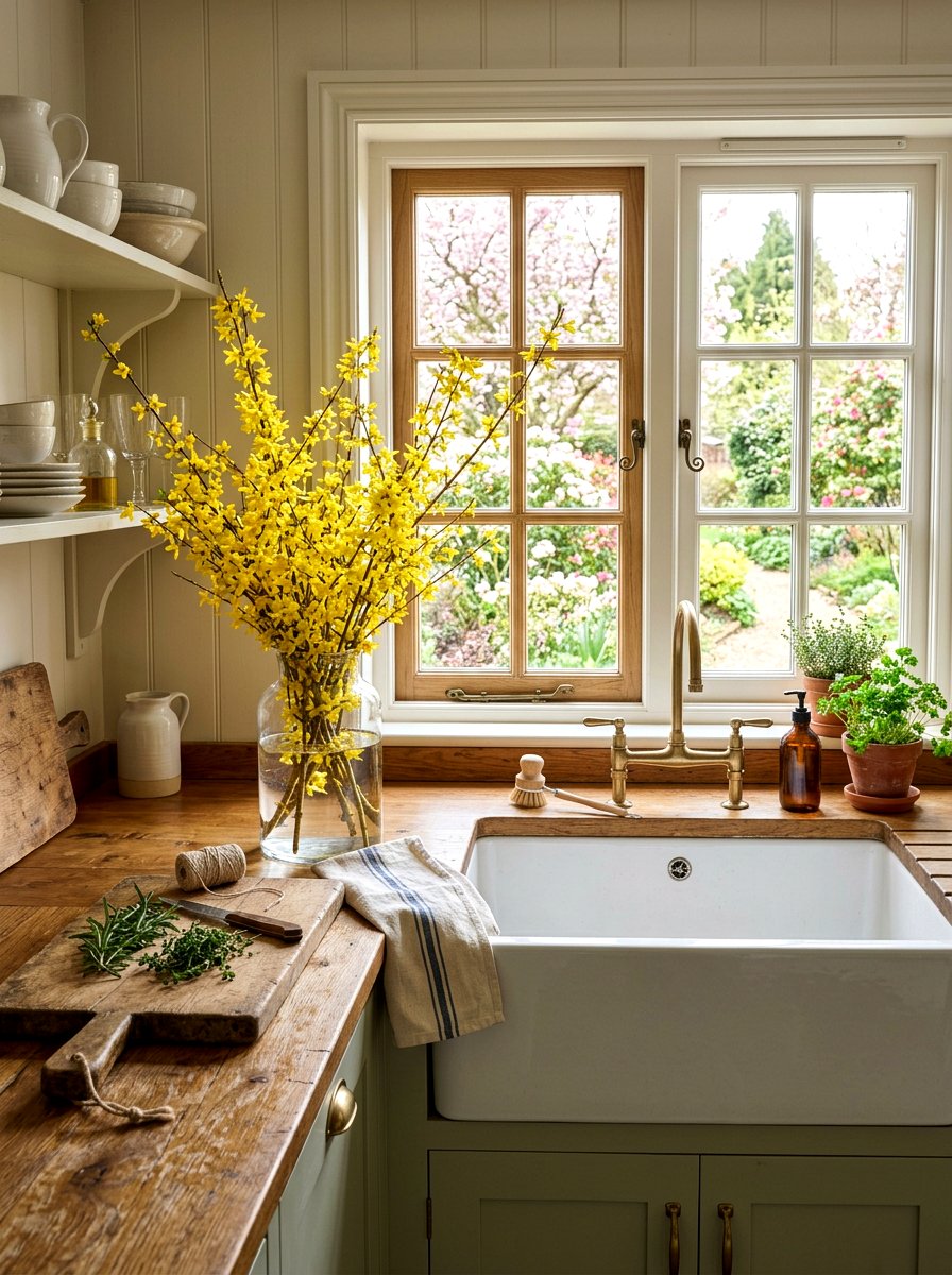 Forsythia In Farmhouse Sink Display - 25 Spring Forsythia Arrangement Ideas