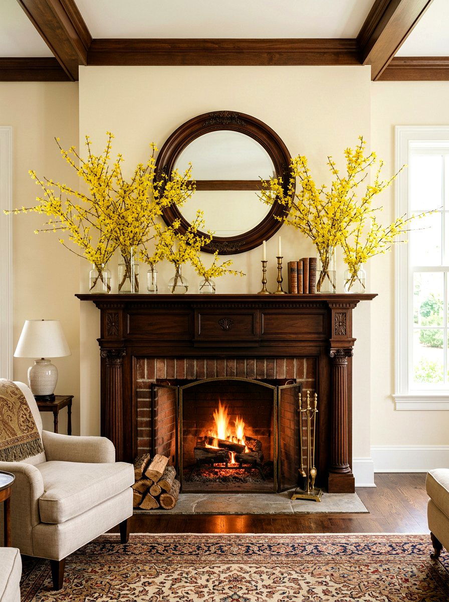 Forsythia Mantel - 25 Spring Mantel Garland Ideas