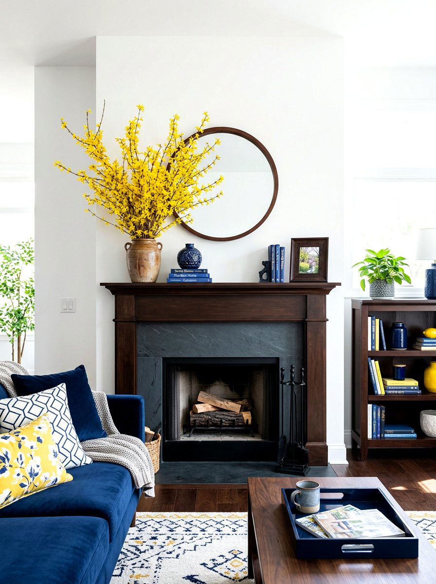 Forsythia Mantel - 25 Spring Garland Ideas for Mantel