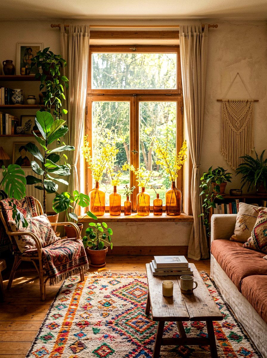 Forsythia Stems In Vintage Amber Glass - 25 Spring Forsythia Arrangement Ideas