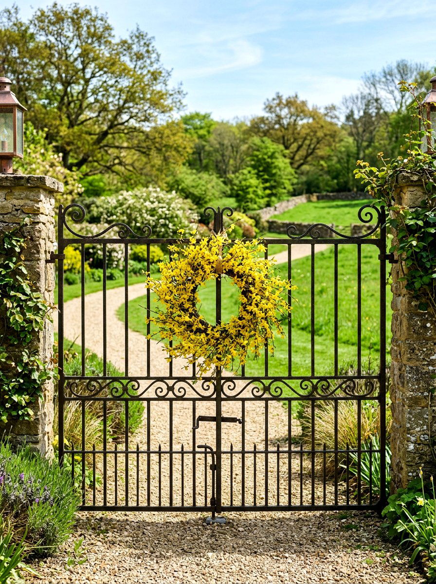 Forsythia Wreath For Gate - 25 Spring Iron Gate Decor Ideas