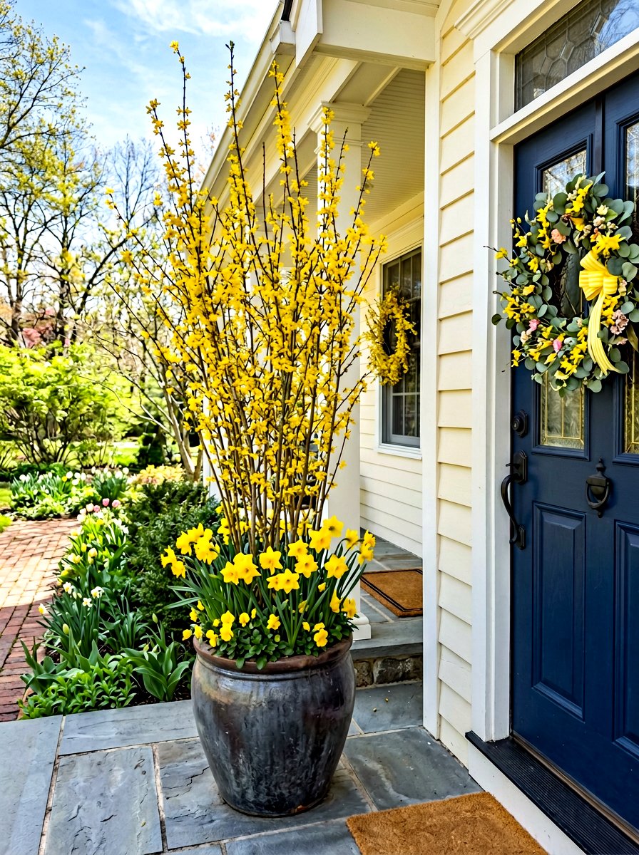 Forsythia branch planter - 25 Spring Container Garden Ideas