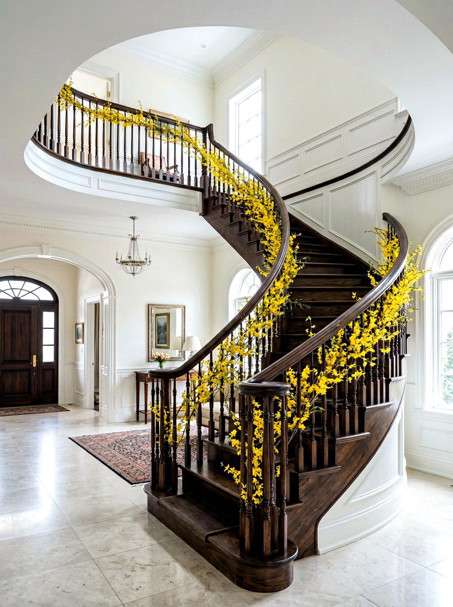 Forsythia branch staircase display - 25 Spring Staircase Decor Ideas