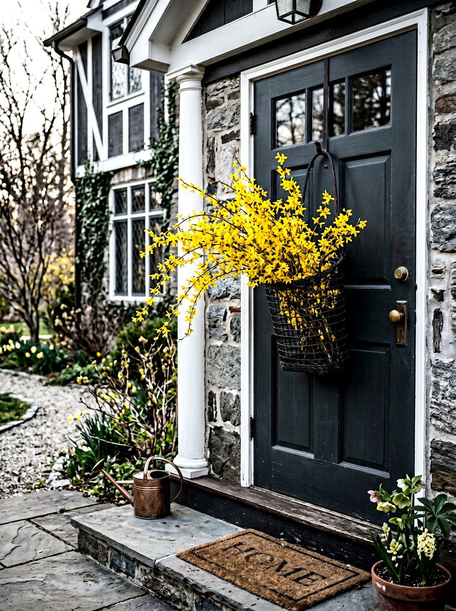 Forsythia door basket - 25 Spring Hanging Basket Door Ideas
