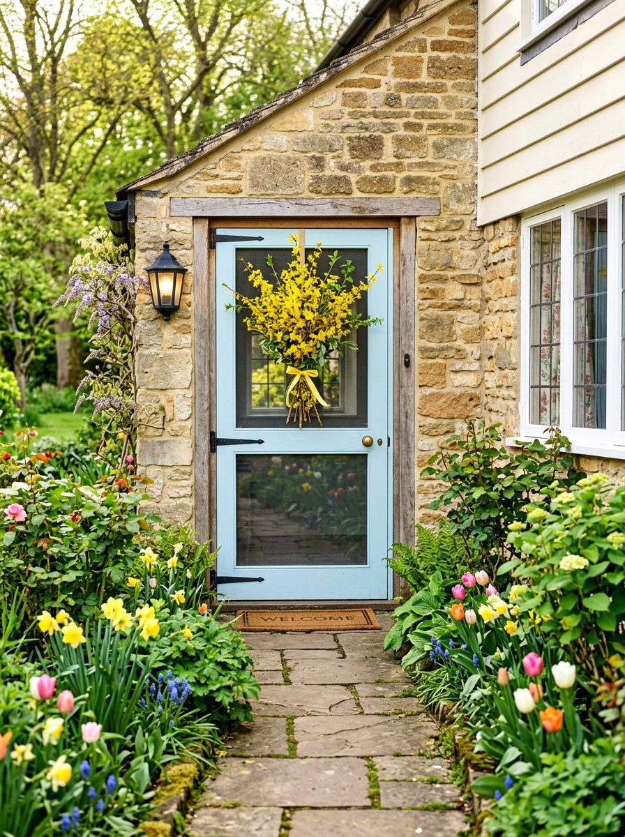 Forsythia door swag - 25 Spring Screen Door Decor Ideas