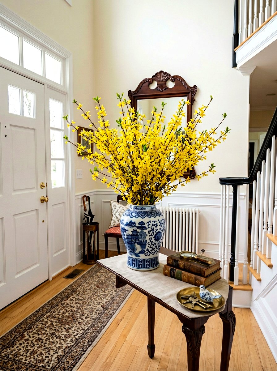 Forsythia entryway display - 25 Spring Faux Flower Arrangement Ideas