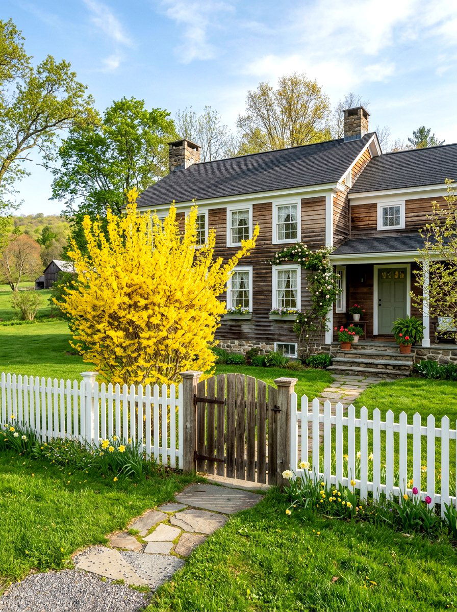 Forsythia farmhouse exterior - 25 Spring Forsythia Bush Ideas