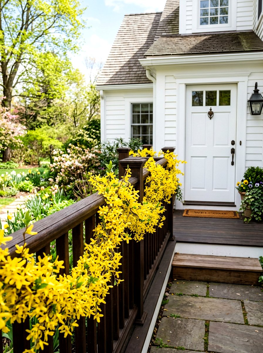 Forsythia garland for porch railing - 25 Spring Porch Railing Decor Ideas