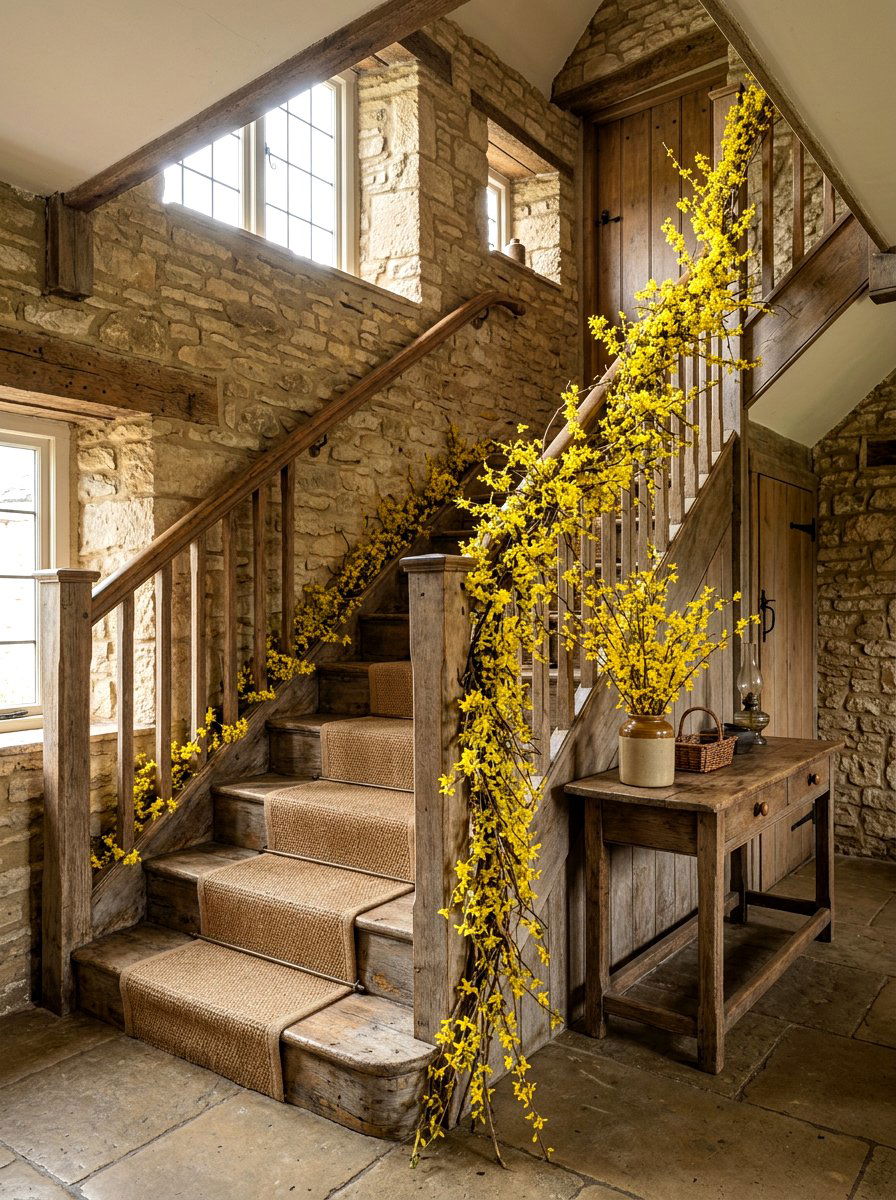 Forsythia garland - 25 Spring Staircase Garland Ideas