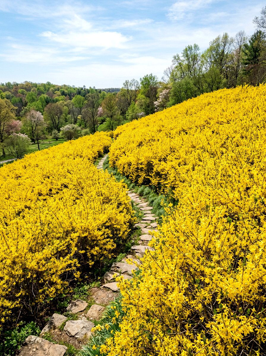 Forsythia hillside massing - 25 Spring Forsythia Bush Ideas