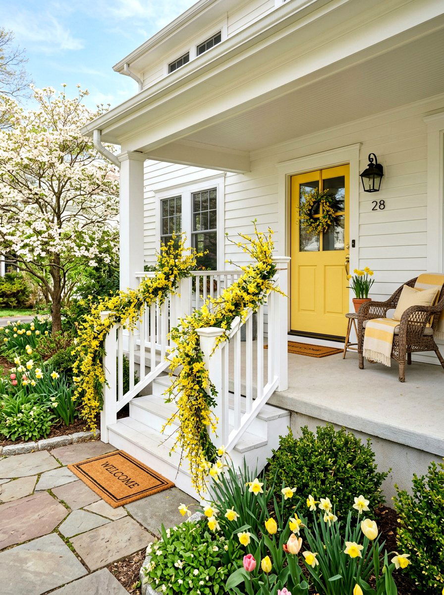 Forsythia porch railing garland - 25 Spring Flower Garland Ideas