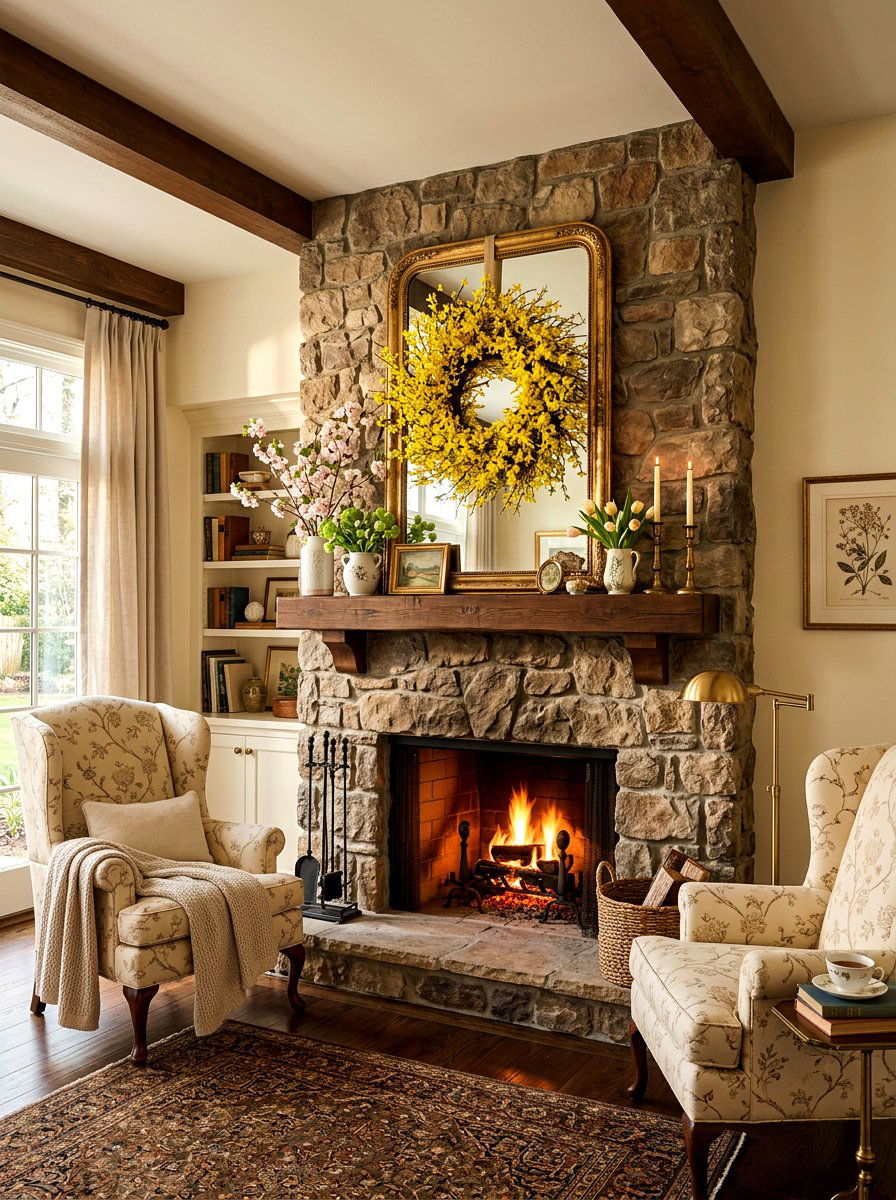 Forsythia wreath on mantel mirror - 25 Spring Wreath on Mirror Ideas