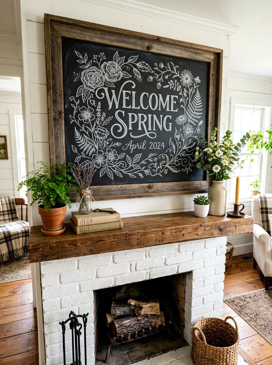 Framed Chalkboard Mantel - 25 Spring Cottage Mantel Ideas