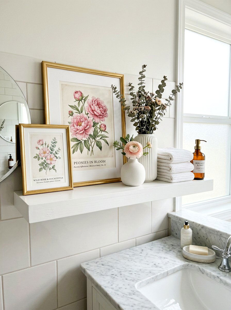Framed Floral Art - 25 Spring Bathroom Shelf Decor Ideas