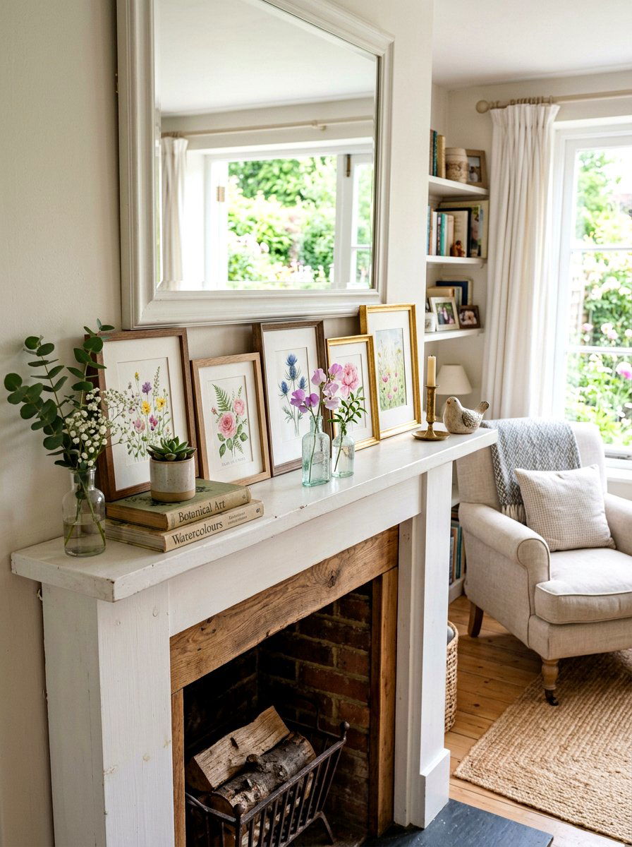 Framed Watercolor Painting Display - 25 Spring Fireplace Decor Ideas