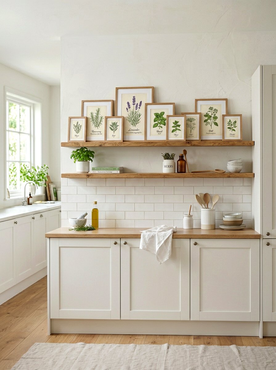 Framed botanical art prints - 25 Spring Kitchen Shelf Decor Ideas