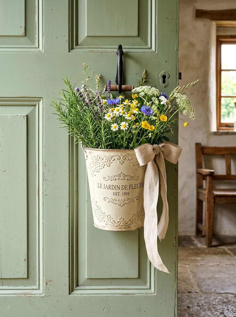 French country flower bucket - 25 Spring Flower Bucket Door Ideas
