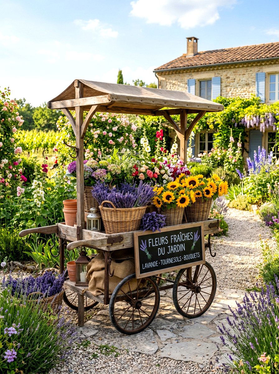 French country flower cart - 25 Spring Flower Cart Decor Ideas