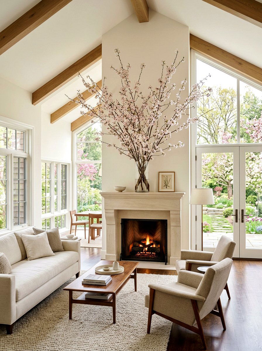 Fresh Cherry Blossom Branch - 25 Spring Modern Mantel Ideas