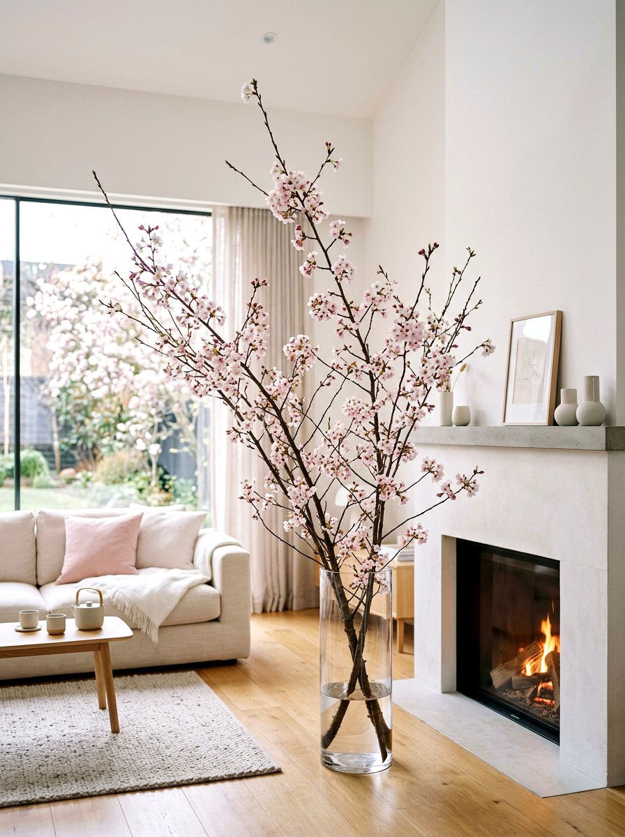 Fresh Cherry Blossom Branch - 25 Spring Fireplace Mantel Ideas