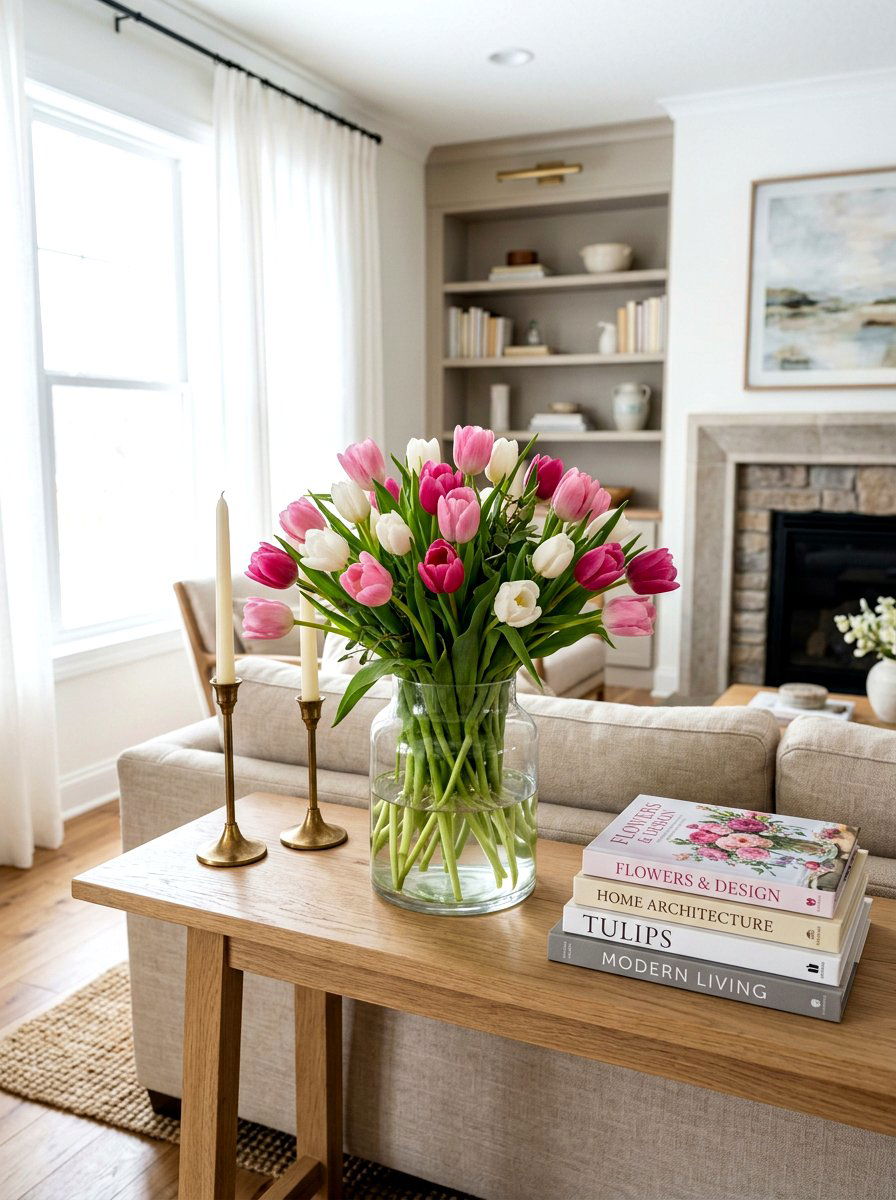 Fresh Tulip Arrangement For Sofa Table - 25 Spring Sofa Table Decor Ideas