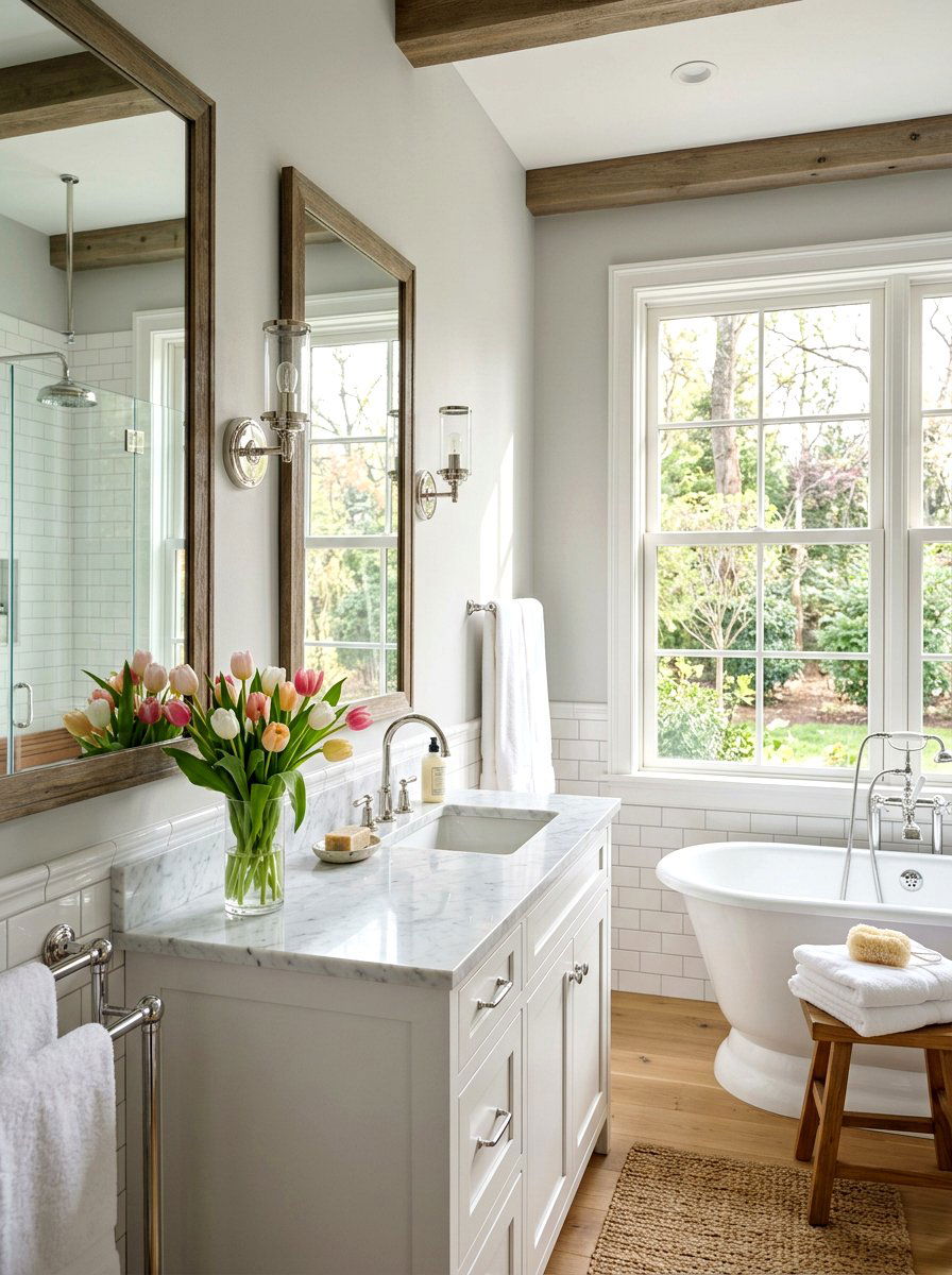 Fresh Tulips In Glass Vase - 25 Spring Bathroom Vanity Decor Ideas