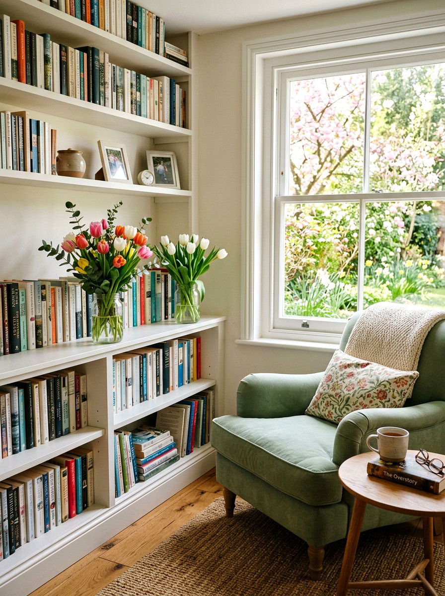 Fresh floral arrangements - 25 Spring Bookshelf Decor Ideas